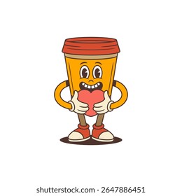Excited coffee cup mascot with red lid holding a red heart and smiling in vintage cartoon style. Great for cafe branding, packaging, and promotional design. Vector illustration