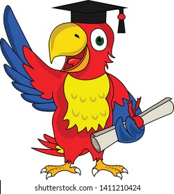 excited colorful smart parrot with education graduation hat certificate in hand