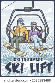 Excited couple rides ski lift up snowy mountain, ready for fun snowboarding and skiing adventure. Perfect winter vacation moment filled with outdoor recreation and snowy scenery