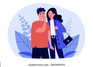 Excited couple sharing gossips. Whispering man and woman flat vector illustration. Secret, rumor, communication concept for banner, website design or landing web page