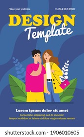 Excited couple sharing gossips. Whispering man and woman flat vector illustration. Secret, rumor, communication concept for banner, website design or landing web page