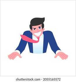 Excited crazy businessman smiling putting hands on table. Ambition and aspirations concept. Male emoji character with different emotion and gesturing. Vector illustration isolated on white background