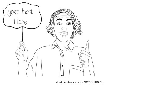 Excited creative lady hold cloud card have great idea wear plaid shirt isolated