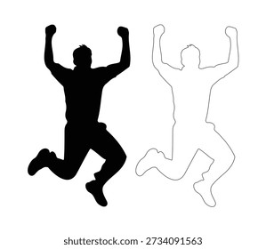 Excited cricket player jumping for joy icon, silhouette and line art