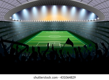 Excited crowd of people at a soccer stadium. Football stadium. Soccer arena.