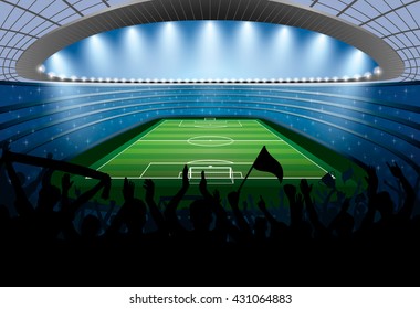 Excited crowd of people at a soccer stadium. Football stadium. Soccer arena.