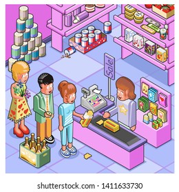 Excited customers waiting to pay for their goods in a fashionable groceries store (isometric vector illustration)