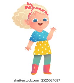 Excitante menina loira colorida bonito vestindo saia, Feliz design de personagem de menina elegante. Caricatura de personagem de adolescente ou pequeno estudante. Ilustração de design gráfico vetorial para o ensino fundamental ou médio.