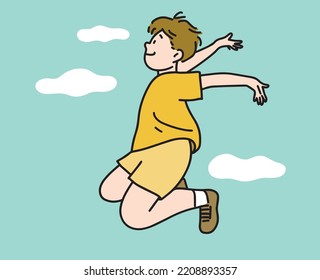 excited cute boy jumping with smiley face illustration drawing concept