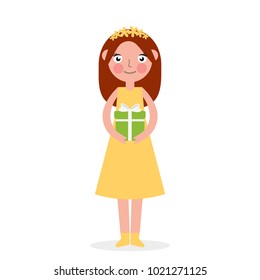 Excited cute little girl kid holding wrapped gift boxes stack decorated with ribbon bow. Holiday or birthday celebration. Flat style vector illustration isolated on white background