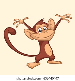 Excited cute monkey dancing cartoon icon. Vector illustration drawing of monkey outlined