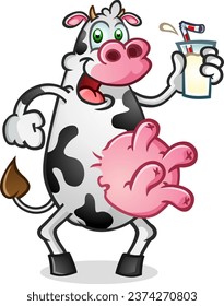 An excited dairy cow mascot getting ready to drink a big tall glass of cold delicious whole milk with a straw that was squeezed from the big round pink udders