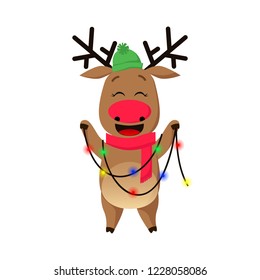 Excited deer decorating Christmas tree with colorful lights. Character, decoration, garland. Decorating Christmas tree concept. Can be used for topics like Christmas, New Year, celebration