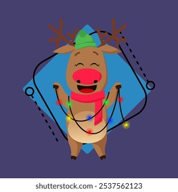 Excited deer decorating Christmas tree with colorful lights. Character, decoration, garland. Decorating Christmas tree concept. Can be used for topics like Christmas, New Year, celebration