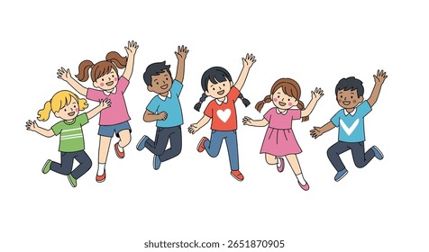 Crianças divertidas entusiasmadas saltam para o alto em celebração alegre da felicidade e da amizade