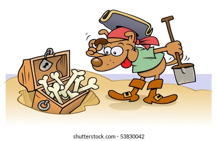 An excited dog in pirate outfit finds a treasure chest full of bones