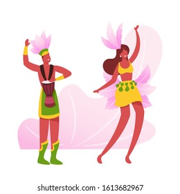 Excited Drummer Playing Drums, Beautiful Girl in Feather Dress Dancing Samba. Talented Musician Character Performing on Rio Carnival with Entertainment Show Program. Cartoon Flat Vector Illustration