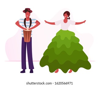 Excited Drummer Playing Drums, Beautiful Girl in Colorful Gown Dancing Samba. Talented Musician Characters Performing on Rio Carnival with Entertainment Show Program. Cartoon Flat Vector Illustration