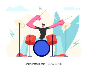 Excited Drummer Playing Hard Rock Music with Sticks on Drums. Talented Musician Character Performing on Stage with Percussion Instrument. Music Star Entertainment Show Cartoon Flat Vector Illustration