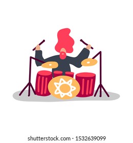 Excited Drummer Playing Hard Rock Music with Sticks on Drums. Childish Musician Character Performing on Stage with Percussion Instrument.Music Star Entertainment Show Cartoon Flat Vector Illustration