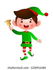 Excited elf jumping and ringing bell vector illustration. Christmas Eve, fantasy, fairytale. Holiday concept. Can be used for greeting cards, invitations, posters, leaflets, brochure