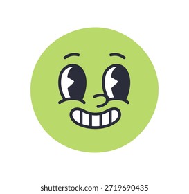 Emoji emocionado y avergonzado, expresión facial, emoción. Carácter divertido lindo con los ojos anchos que miran a un lado, sonrisa confusa tímida, dientes sonrientes. Ilustración vectorial plana aislada sobre fondo blanco