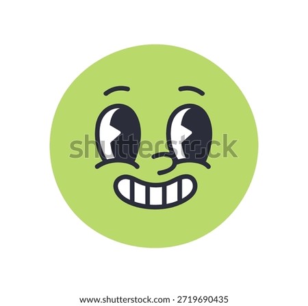 Excited and embarrassed emoji, face expression, emotion. Cute funny character with wide eyes looking aside, shy confused smile, grinning teeth. Flat vector illustration isolated on white background