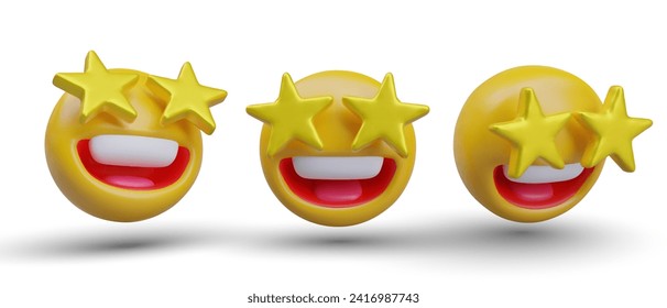 Excited emoticon with gold stars instead of eyes and wide open mouth. Maximum joy, positive impression, happiness. Set of vector heads in different positions, realistic style