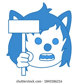 excited emoticon holds a banner in hand and protests something, simplistic facial expression vector illustration, wolf cartoon character