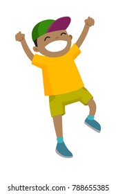 Excited emotional little active african-american boy jumping with raised hands up. Vector cartoon illustration isolated on white background.