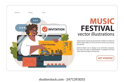 Una entusiasta fanática recibe una invitación en línea al Festival de Música World Tour, mostrando su boleto dorado en medio de burbujas de chat. La era digital se une a la anticipación de eventos en vivo. Ilustración vectorial plana