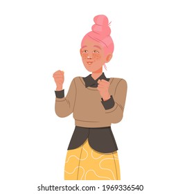 Excited Female with Clenched Fists as Hand Gesture Expressing Salute and Unity Vector Illustration
