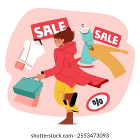 Excited female customer cartoon character running fast feeling amazement and satisfaction of great seasonal sale discount on fashion stylish clothing at shop store market vector illustration