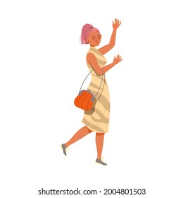 Excited Female with Handbag Waving Hand Showing Positive Gesture Feeling Happiness and Joy Vector Illustration