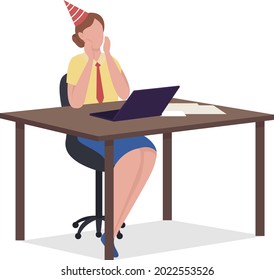Excited female office worker semi flat color vector character. Full body person on white. Celebrating birthday at workplace isolated modern cartoon style illustration for graphic design and animation