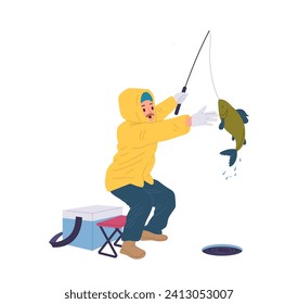 Excited fisherman cartoon character catching pulling fish from hole in ice in spinning rod