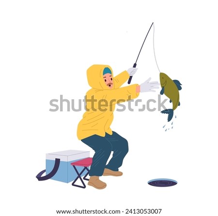 Excited fisherman cartoon character catching pulling fish from hole in ice in spinning rod