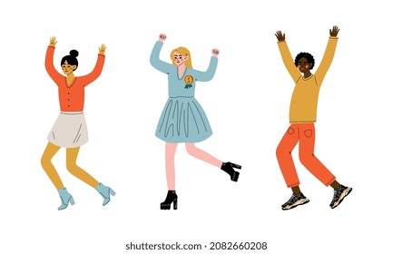 Excited Flushed Man and Woman Jumping with Joy and Cheering About Something Vector Illustration Set