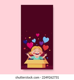 Excited Funny Girl With Heart Balloons Coming Out From Inside Surprise Box On Dark Pink Background And Copy Space. Happy Valentines Day Concept.
