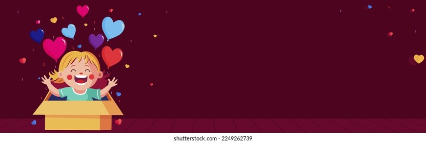 Excited Funny Girl With Heart Balloons Coming Out From Inside Surprise Box On Dark Pink Background And Copy Space. Happy Valentines Day Concept.