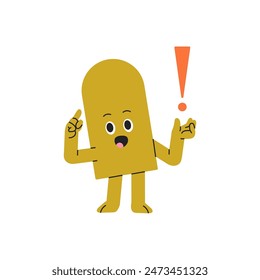 Excited geometric shape with exclamation mark. Cheerful figure with warning point, attention sign. Happy character with idea, thought, innovation. Flat isolated vector illustration on white background