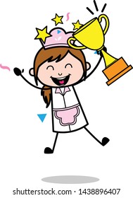 Excited to Get Trophy - Retro Cartoon Waitress Female Chef Vector Illustration