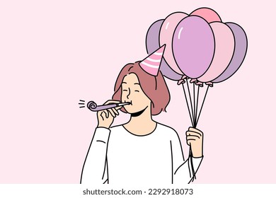 Excited girl with balloons blow in whistle celebrate birthday. Happy woman have fun on anniversary celebration. Vector illustration. 