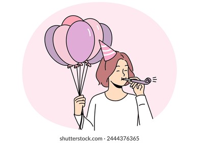 Excited girl with balloons blow in whistle celebrate birthday. Happy woman have fun on anniversary celebration. Vector illustration.