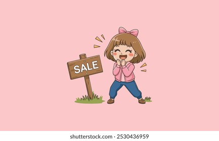 Excited girl with a bow next to a sale sign, smiling happily.