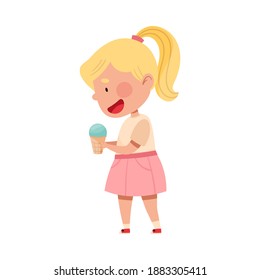 Excited Girl Character Holding Ice Cream in Wafer Cup Vector Illustration