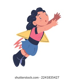 Excited Girl Character with Jetpack Flying Propelling Through the Air Vector Illustration