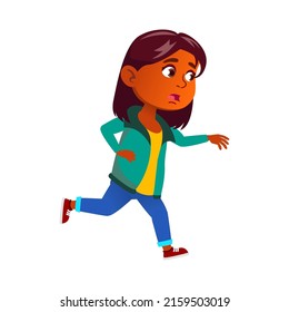 Excited Girl Child Running At School Lesson Vector. Latin Schoolgirl Late At Education Lecture And Running Fast. Stressed Hispanic Character Kid Run With Panic Flat Cartoon Illustration