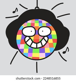 Excited Girl With Her Bright Mirror Disco Ball Head. Celebration Time Concept Card Character illustration