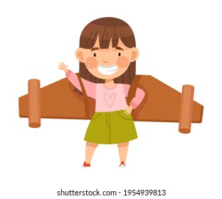 Excited Girl with Improvised Fake Wings Pretending Flying Standing and Waving Hand Vector Illustration